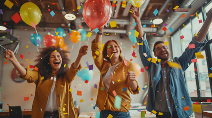 Success in the Air: Businesspeople's Jubilation with Office Balloons and Confetti Cascade, 
