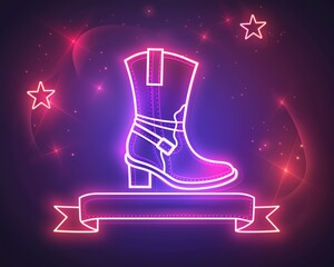 Dynamic neon vector sign of a fashion boot icon, outlined with minimalist line art inside a glowing banner
