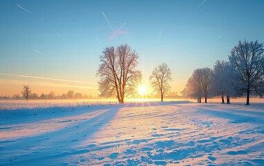 winter landscape with snow covered fields, trees covered in frost and the sun setting behind them with long shadow and sun light