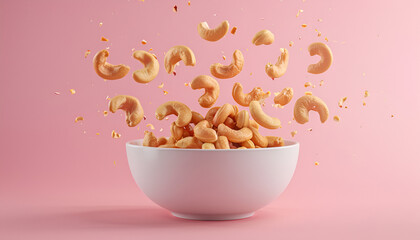 a photo of a white bowl with cashew nuts on a light pink background, cashews raining down, pop colors