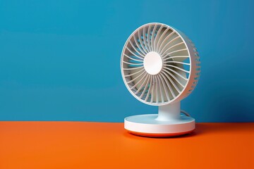 A white small table fan on an orange desk against a blue background