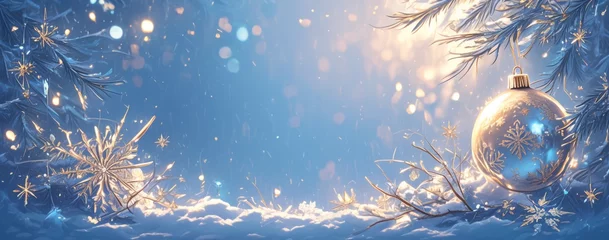 Fotobehang Christmas holiday celebration 4k wallpaper event shopping banner poster background image, winter snowing scene, warm sun,Enchanting Winter Wonderland with Christmas Decorations and Sparkling Snowflake © Da