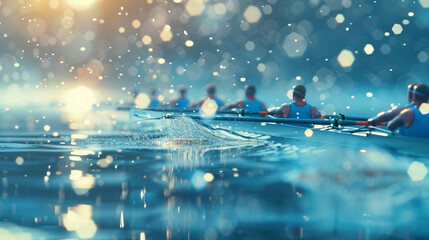 Rowing regatta with azure particles shimmering against a blurred backdrop, reflecting the precision...
