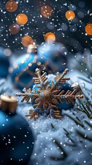Fotobehang Christmas holiday celebration 4k wallpaper event shopping banner poster background image, winter snowing scene, warm sun,Enchanting Winter Wonderland with Christmas Decorations and Sparkling Snowflake © Da