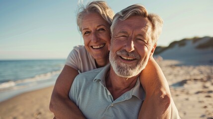 Hug, love, and senior couple on a beach vacation, adventure, or weekend. Senior couple embracing by the seaside in Australia on vacation seems happy and smiling.