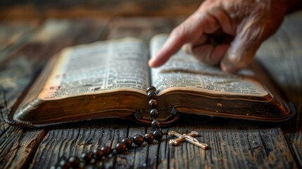 Obraz premium Reading the bible with a rosary cross for prayer, spiritual faith, and holy worship. Closeup of Christian studying religion, gospel prayer books, and praising Jesus.