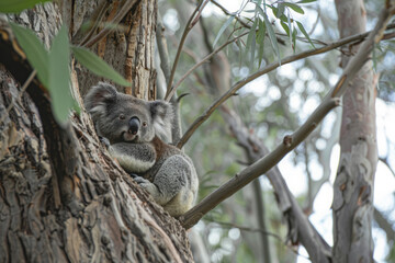 Obraz premium Koala bear on eucalyptus tree branch in rainforest habitat. Endangered animal in wildlife. Cute lazy bear with funny muzzle