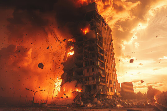Destroyed building in city. Powerful explosion shatters multi-storey apartment block