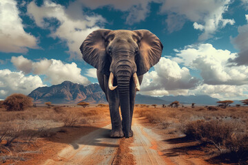 African elephant walking across savannah. Elephant in natural habitat with landscape of national...