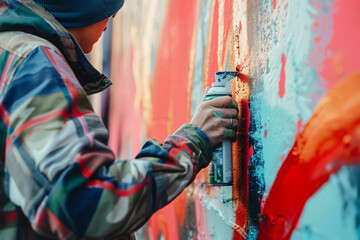 Graffiti artist holding spray can in hand and painting urban wall. Street artist in the process of work. Youth street culture