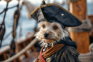 Dog dressed in pirate clothes and captain hat on ship. Sea Robber