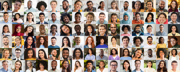 Multiracial people face collage on light backdrop