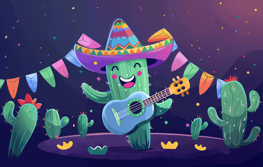Mexican mariachi cactus in sombrero with guitar. Cinco de Mayo fiesta banner celebration. Funny cartoon cactus character at party. Mexicano guitarist plays ethnic music on Mexico's national holiday.