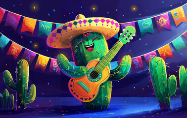 Cartoon character for Cinco de Mayo fiesta celebration. Mexican funny cartoon cactus mariachi in sombrero and guitar at party. Ethnic guitarist plays music on Mexico's national holiday banner.
