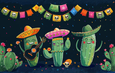 Mexican mariachi cactus in sombrero with guitar. Cinco de Mayo fiesta banner. Funny cartoon cactus character at party. Mexicano guitarist plays ethnic music on Mexico's national holiday