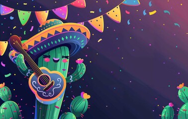 Mexican funny cartoon cactus mariachi with guitar in sombrero at party. Cartoon characters for Cinco de Mayo fiesta celebration. Festive banner of national holidays of Mexico with copy space. 