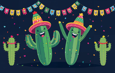 Cartoon characters for Cinco de Mayo fiesta celebration. Mexican funny cartoon cactuses mariachi in sombrero at party. Festive banner of national holidays of Mexico.