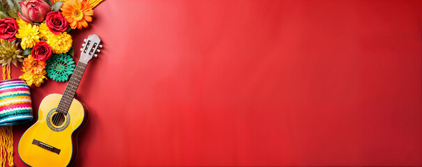 Flat lay banner with guitar, flowers, mexican papel picado, serape on bright red background with copy space. Cinco de mayo concept design. Template for Traditional Mexican culture holiday. Fiesta.