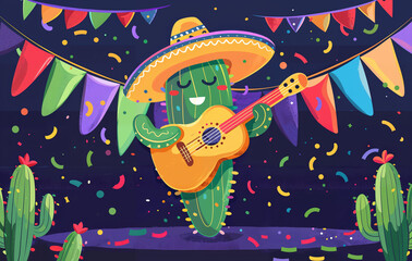 Mexican mariachi cactus in sombrero with guitar. Cinco de Mayo fiesta banner celebration. Funny cartoon cactus character at party. Mexicano guitarist plays ethnic music on Mexico's national holiday.