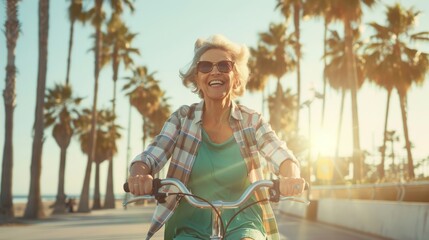 Fototapeta premium Happy, music, grin, old woman at beach image for streaming, freedom, or summer. Internet, technology, and headphones with older lady listening to podcast, audio, or media radio online.
