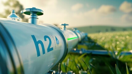 Closeup of a white, round gas cylinder with blue h2 text and a green bar, on top of an industrial metal pipe against a blurred background of a lush, grassy field and blue sky.
