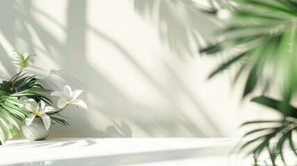 Abstract white studio background for product presentation with green tropical trees and tropical sun Shadow on the wall