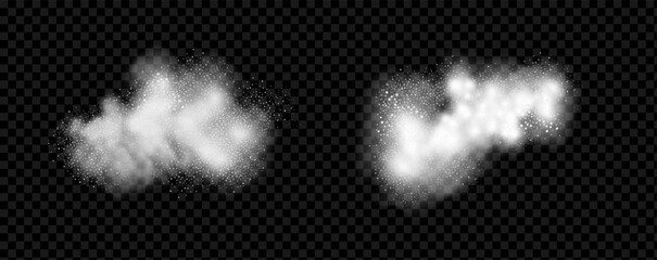 A realistic set of white clouds of flour, sugar, washing powder. An explosion of snow dust in the air. A splash of ice crystals in a white blizzard cloud.