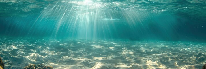 Underwater view of the clear, sandy ocean floor with sunlight filtering through the water.