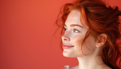 Happy young red-haired woman looking away against a bright red-orange background