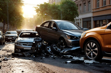Car crash dangerous accident on urban road street. Crossover vehicle car crushing beside another...