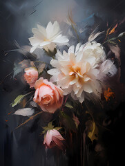 A beautiful bouquet of flowers on a dark dramatic background. Oil painting in impressionism style. Vertical composition.