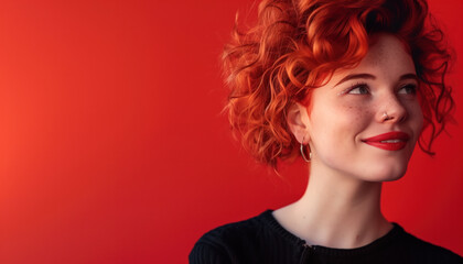 Happy young red-haired woman looking away against a bright red-orange background