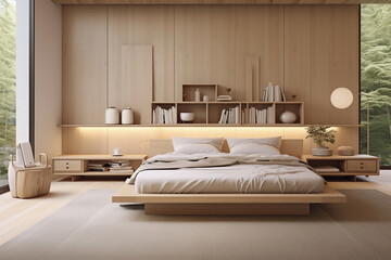Fototapeta na wymiar Minimalist bedroom design with a Scandinavian-Japanese fusion aesthetic.