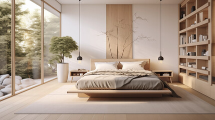 Minimalist bedroom design with a Scandinavian-Japanese fusion aesthetic.