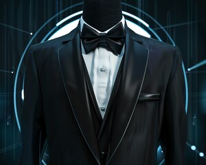 A classic black tuxedo with a bow tie, exemplifying formal menswear and timeless style