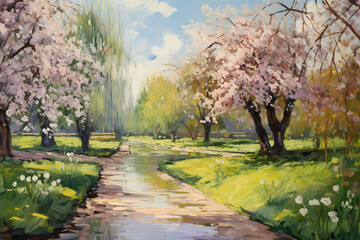Spring in an old English park. Oil painting in impressionism style. Horizontal composition.