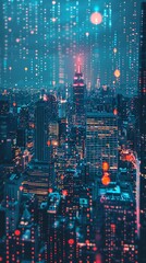 Futuristic city skyline with digital code overlay for a cyberpunk theme