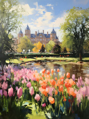 Spring in an old English park. Oil painting in impressionism style. Vertical composition.