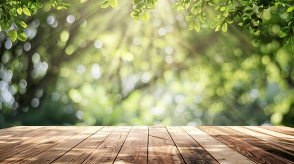 Empty beautiful wood tabletop counter on interior in clean, bright and blurred green tree leaves bokeh effect background  ,