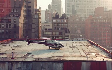the urban dynamism with a prompt showcasing a helicopter on a building roof helipad