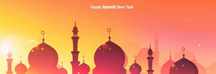 Happy Islamic New Year with yellow writing at the top that says Mosque dome shadows against an orange and pink gradient sky.