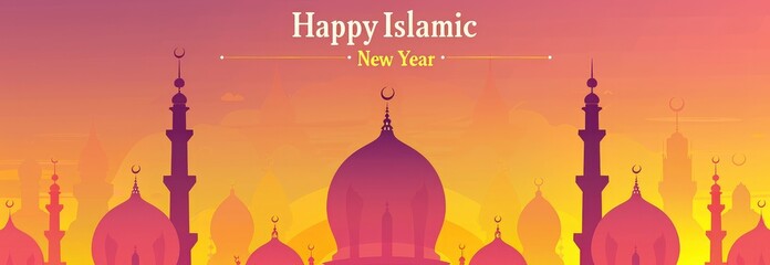 Happy Islamic New Year with yellow writing at the top that says Mosque dome shadows against an orange and pink gradient sky.