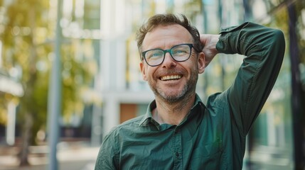 Fototapeta premium A happy man sporting glasses for vision, eyesight, and prescription lenses. Smiley young man with new designer eyewear frame, optical fashion, and eye care clinic assessment.