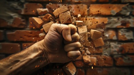 A strong hand smashing through a brick wall, symbolizing breaking barriers, high impact, dynamic angle