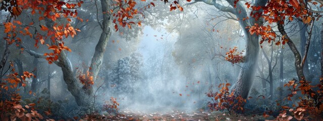 Mystical forest with autumn dry leaves and fog