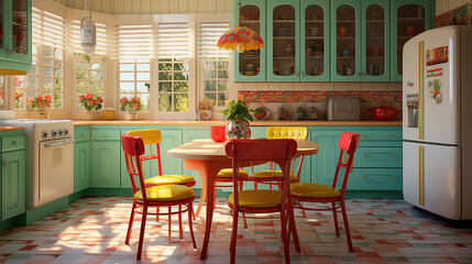 Fototapeta na wymiar Retro, vintage kitchen decor with vibrant color tones.