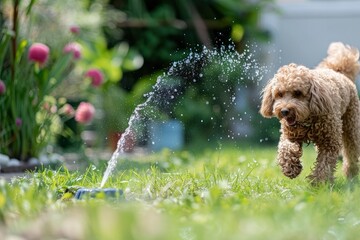 Poodle playing with water from a sprinkler in the garden, a summer fun activity for the dog at home - obrazy, fototapety, plakaty