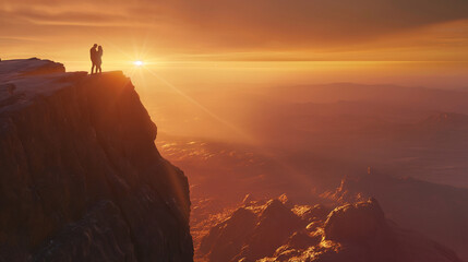 Panoramic Shot of a Mountain Peak with a Couple at the Top AI Generation