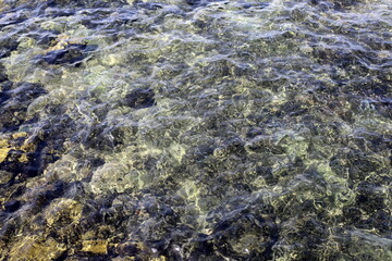 The color of water in the Mediterranean Sea in shallow water. Natural abstract background.