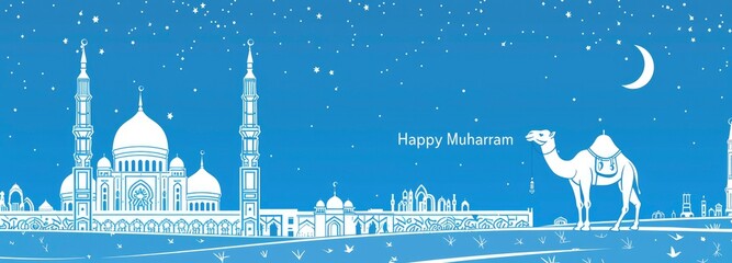The layered artwork of Happy Muharram, the Islamic new year, has a blue background with a white mosque and camel.